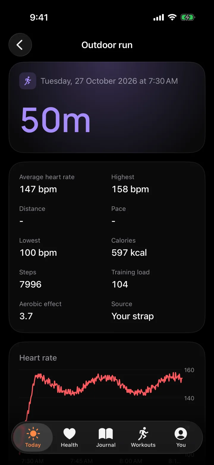 An outdoor run with heart rate, zones and training load